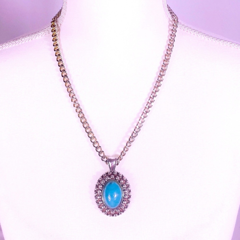 VTG Western Turquoise Cabochon Statement Necklace Silver and Gold Tone Chain